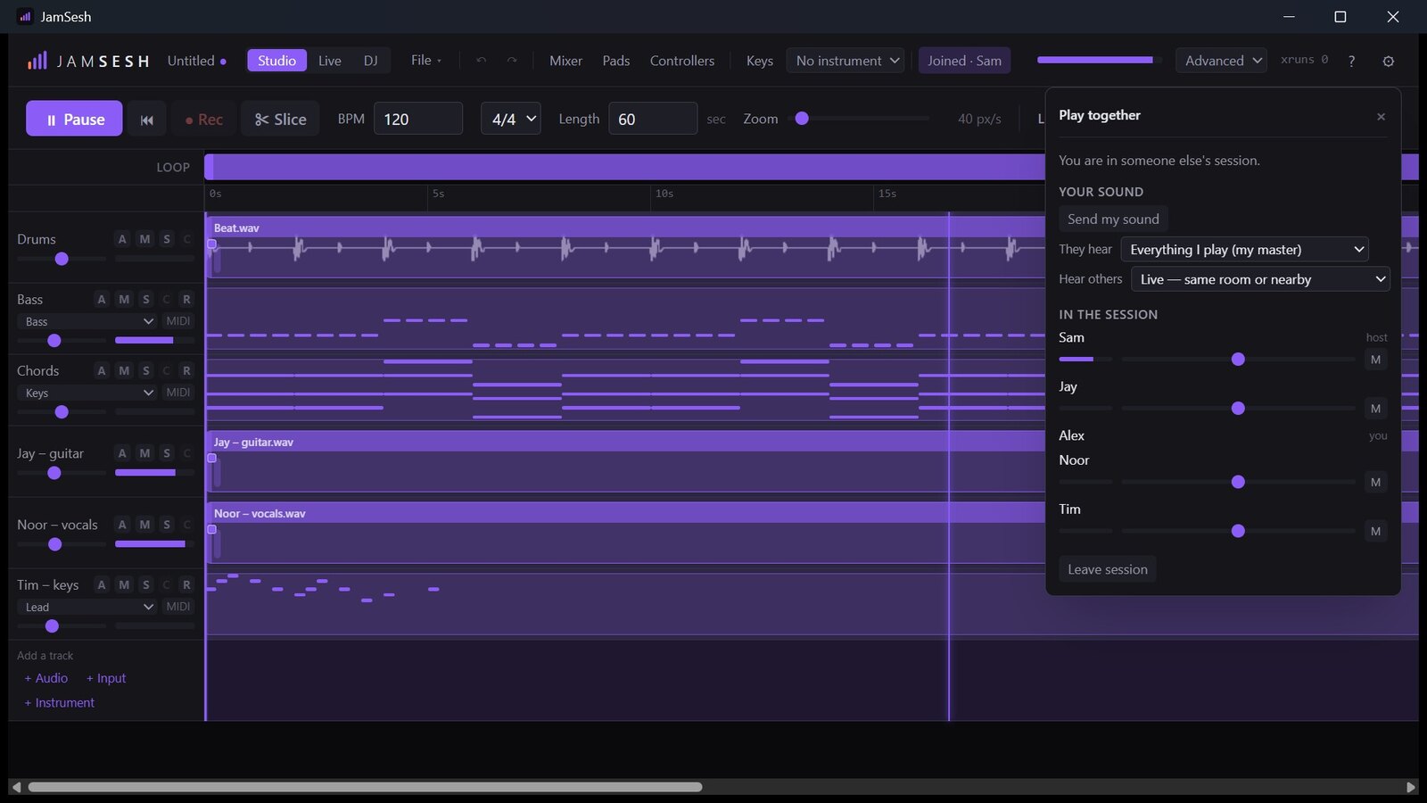 JamSesh in a session: Sam hosts, Jay, Noor and Tim have joined, and their guitar, vocal and keys tracks play along with the song