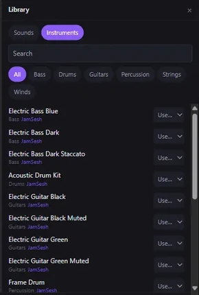 The library's Instruments tab: Electric Bass Blue, Electric Bass Dark, Acoustic Drum Kit, Electric Guitar Black and more, each from JamSesh