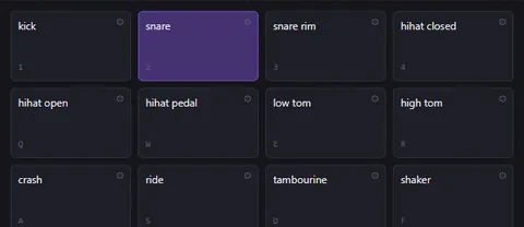 The pads with the Acoustic Drum Kit on them, one piece per pad: kick, snare, snare rim, hihats, toms, crash, ride, tambourine and shaker
