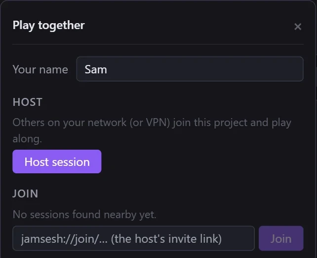 The Play together panel: your name, Host session, and Join with the host's invite link