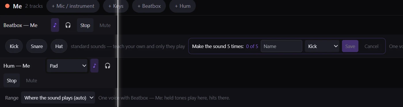 A Beatbox lane and a Hum lane for one player in the Jam view. The Beatbox lane is learning a new sound: Make the sound 5 times, 0 of 5, played on the Kick. The Hum lane plays a Pad, and its Range is set to Where the sound plays (auto)