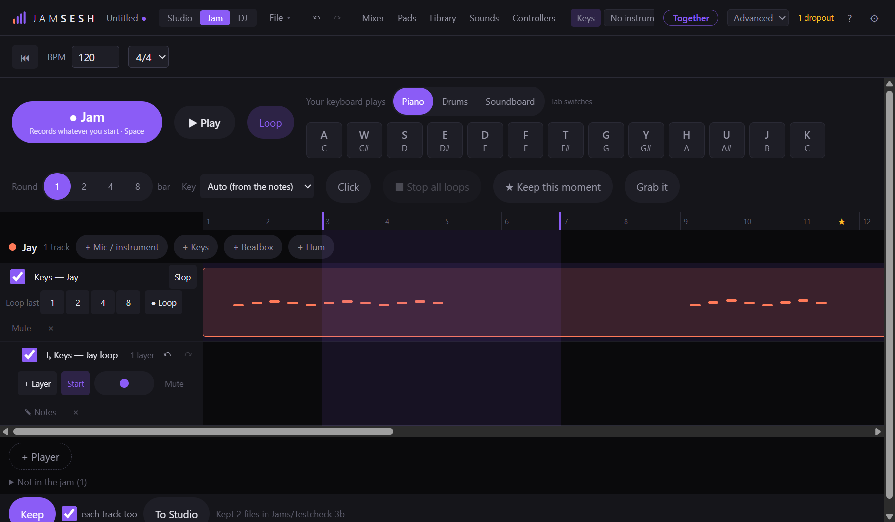 A stretch selected on the ruler, both tracks ticked, and the Keep bar at the bottom saying 'Kept 2 files in Jams/Testcheck 3b'