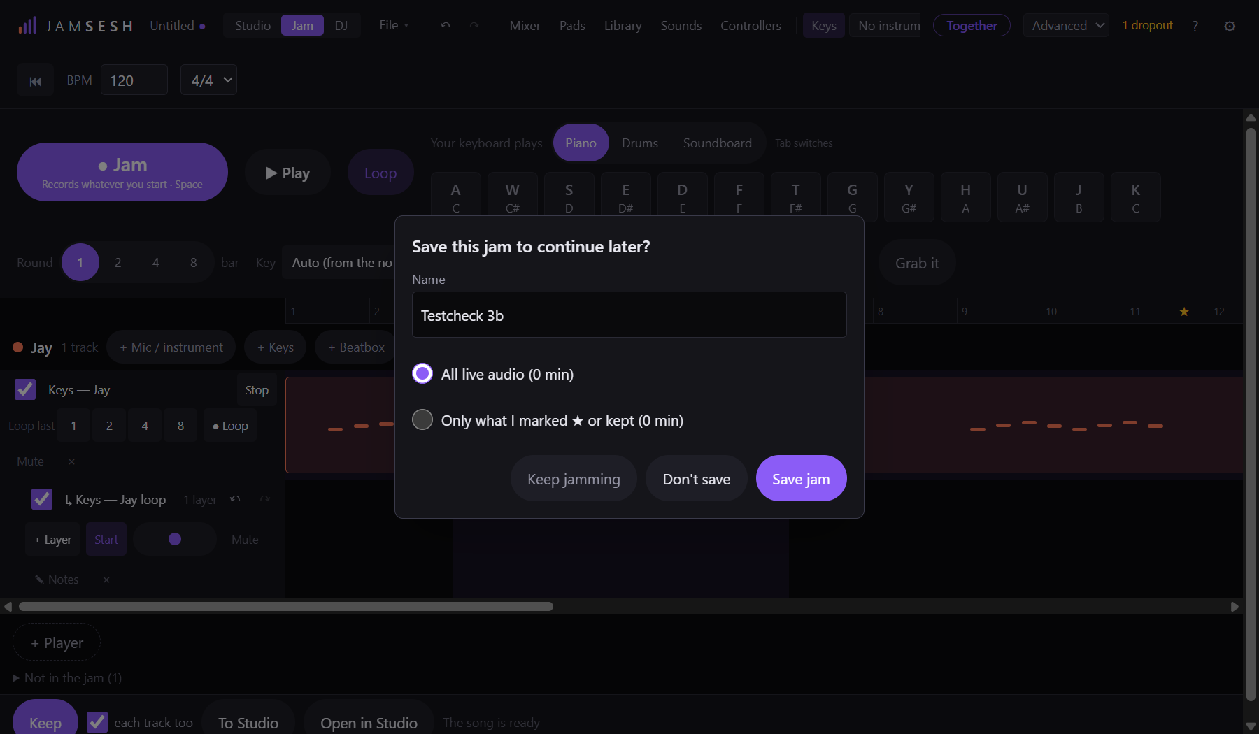 The question 'Save this jam to continue later?' with a name box, two choices and three buttons