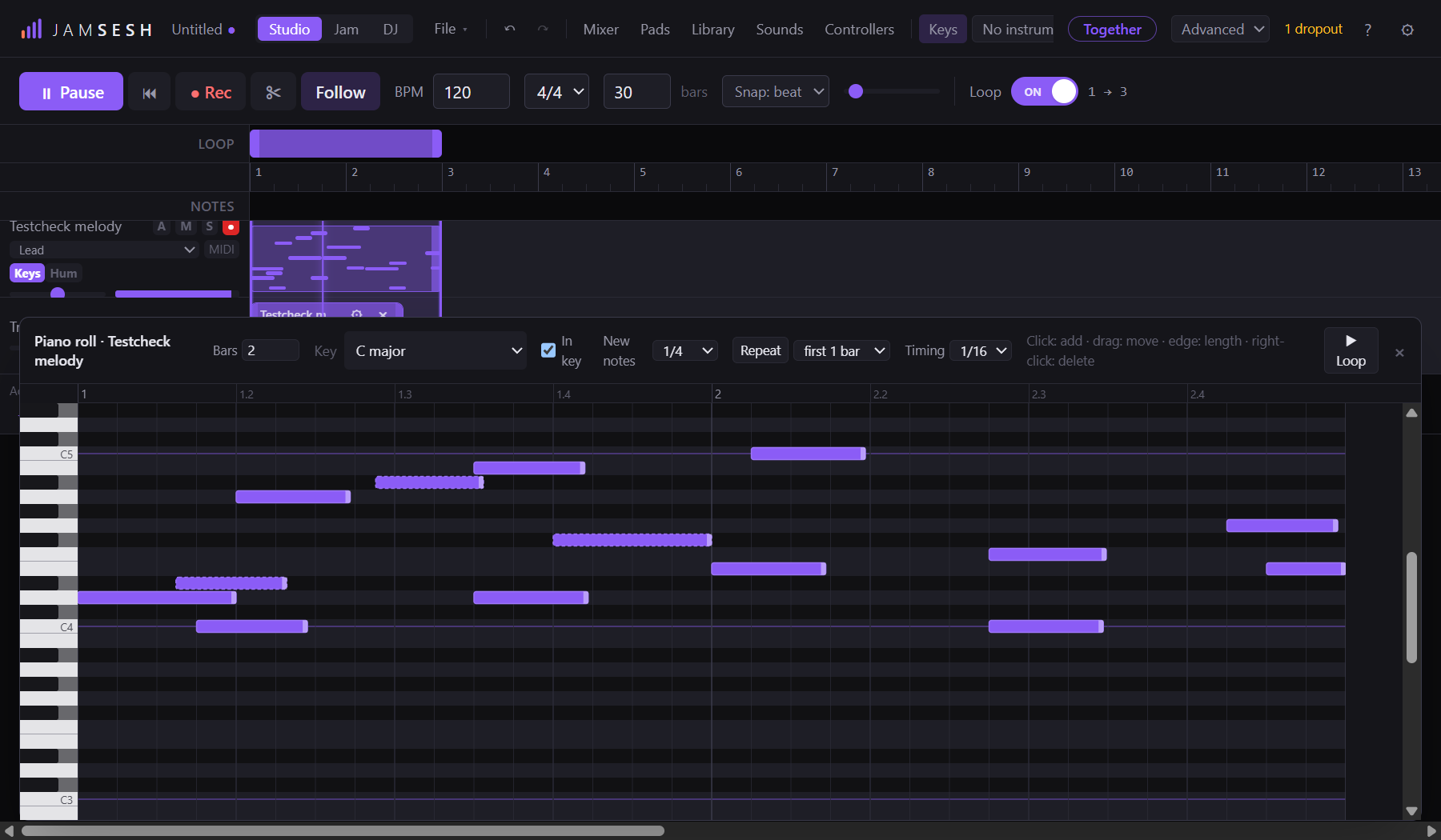 The piano roll in C major, with the notes of a melody; notes outside the key are drawn dashed