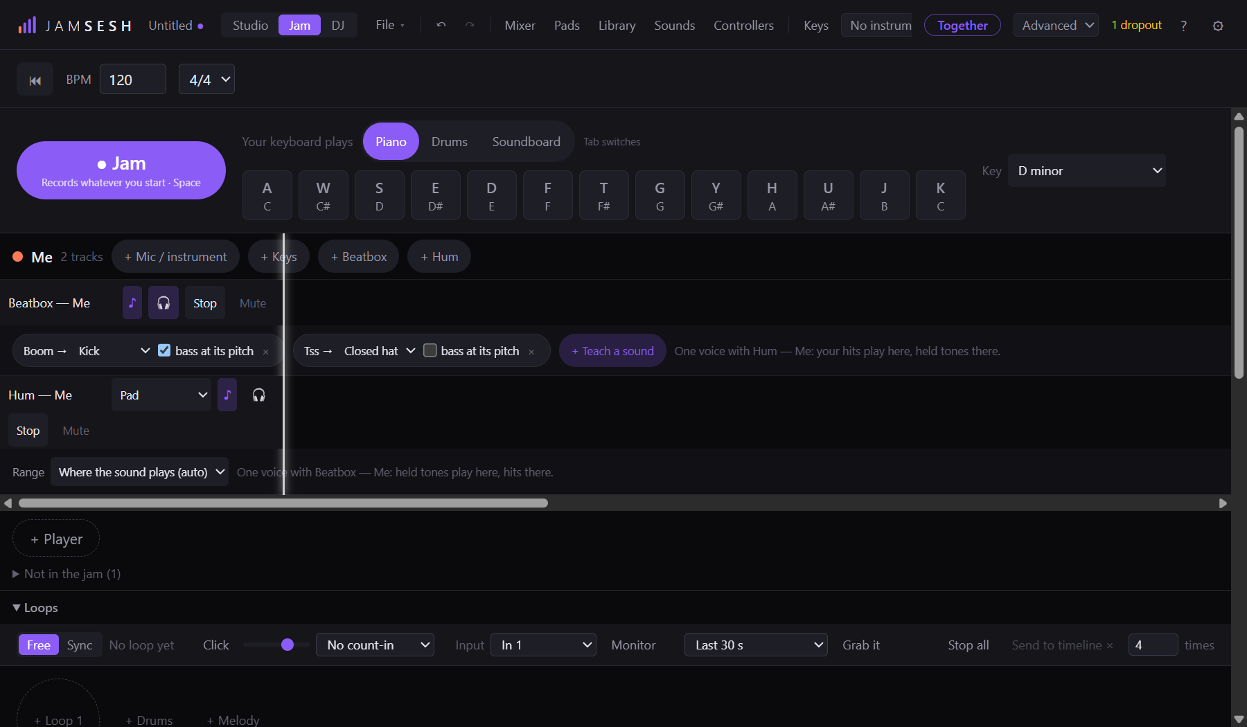 Two voice lanes in the Jam view, with the sounds panel open under each